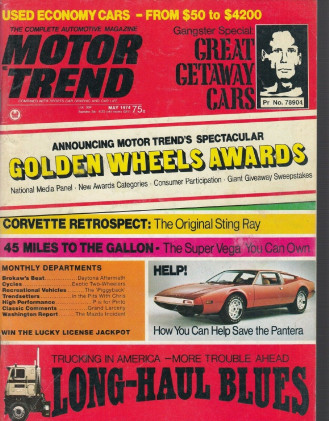 MOTOR TREND 1974 MAY - CORVETTE STING RAY, PANTERA 7X